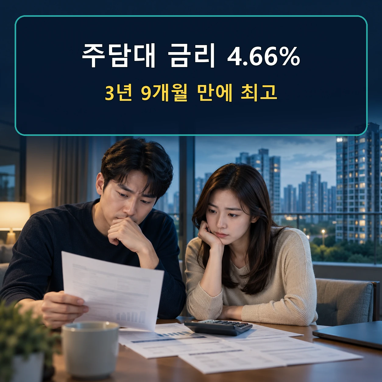 주담대 금리 4.66% 3년 9개월 최고, 고정금리 변동금리 월 상환액 비교