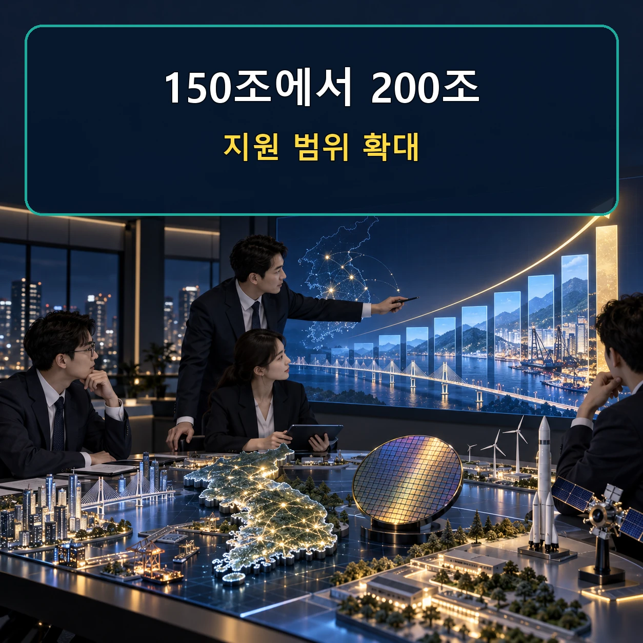 국민성장펀드가 150조원에서 200조원으로 확대된 정책 변화를 표현한 이미지