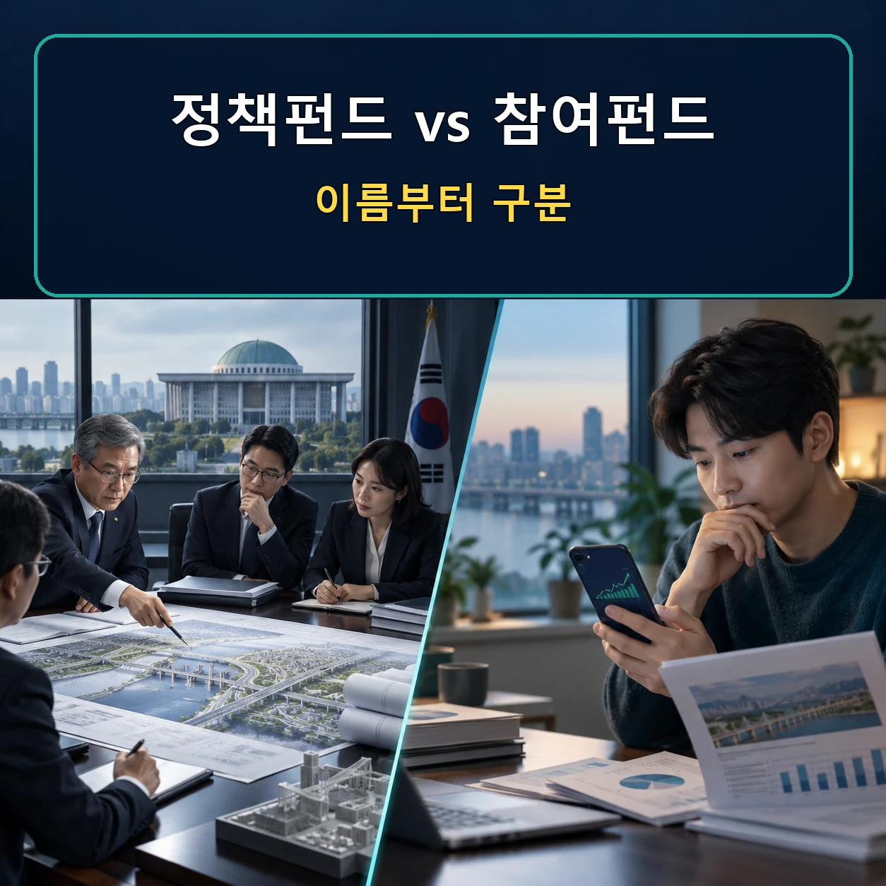 정책금융 국민성장펀드와 개인 공모상품 국민참여성장펀드를 구분하는 이미지