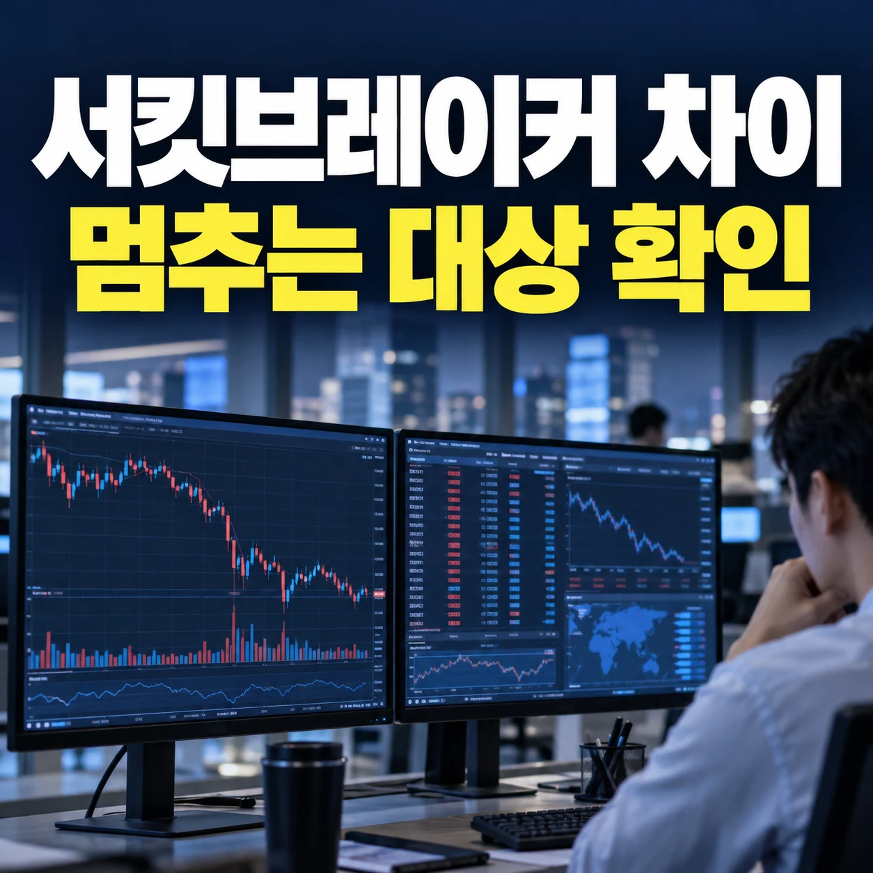 서킷브레이커 차이 멈추는 대상 확인이라는 큰 한글과 증권시장 모니터 사진