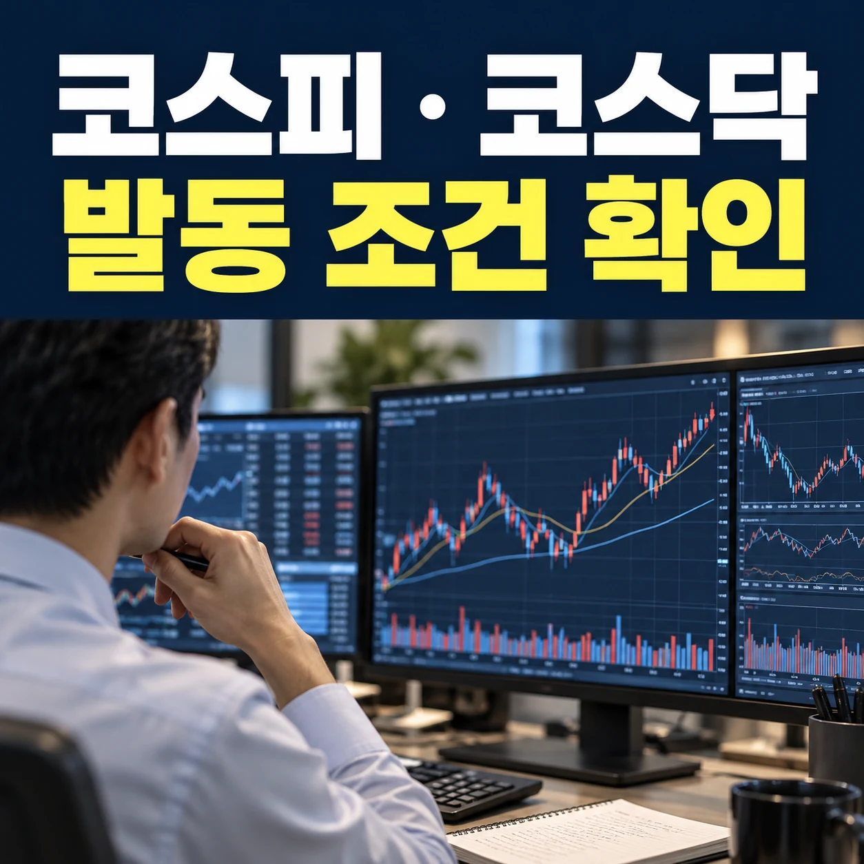 코스피 코스닥 발동 조건 확인이라는 큰 한글과 선물 지수 화면을 살피는 투자 분석 사진