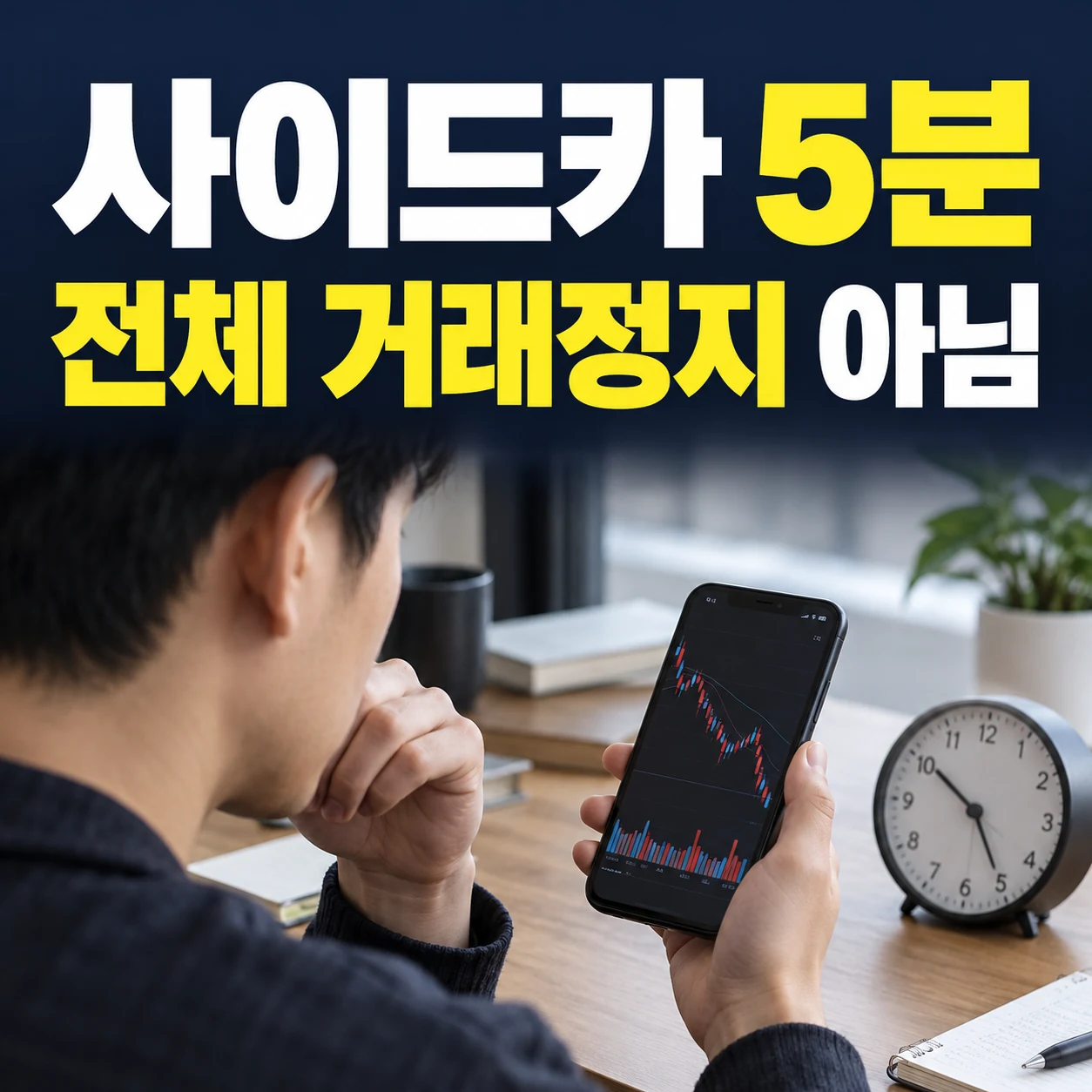 사이드카 5분 전체 거래정지 아님이라는 큰 한글과 스마트폰 시세를 확인하는 사람 및 시계 사진